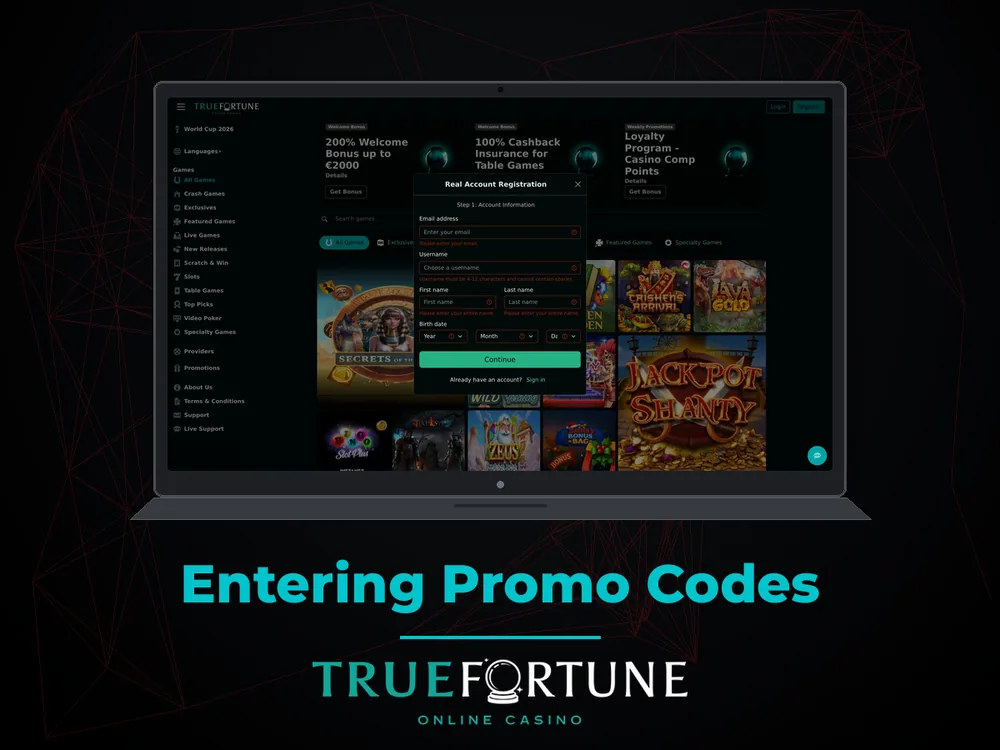 True Fortune casino - Entering Promo Codes