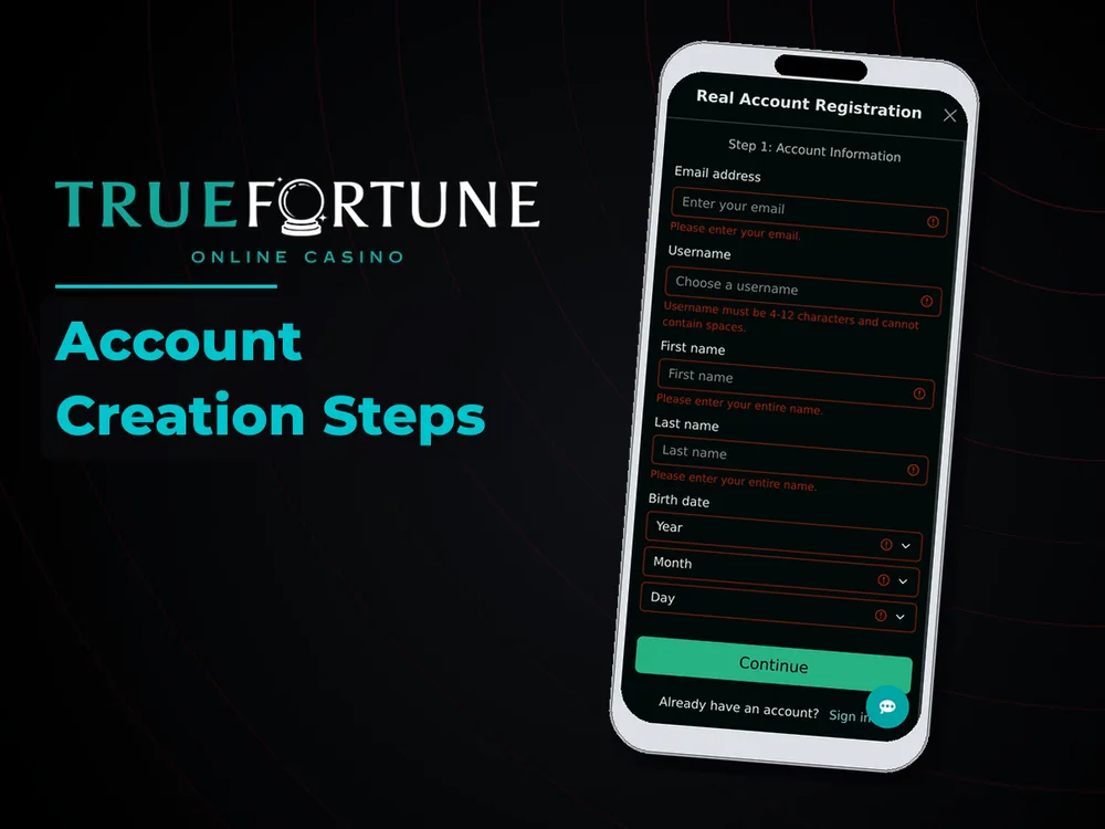 True Fortune casino - Account Creation Steps