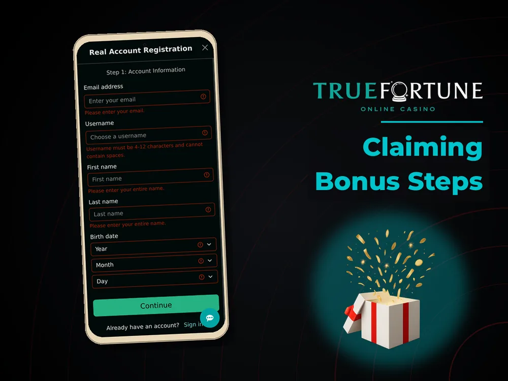 True Fortune casino - Claiming Bonus Steps