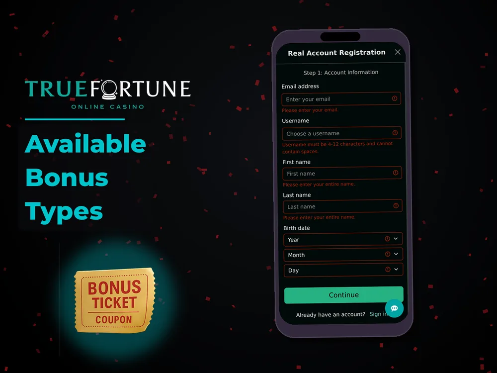 True Fortune casino - Available Bonus Types