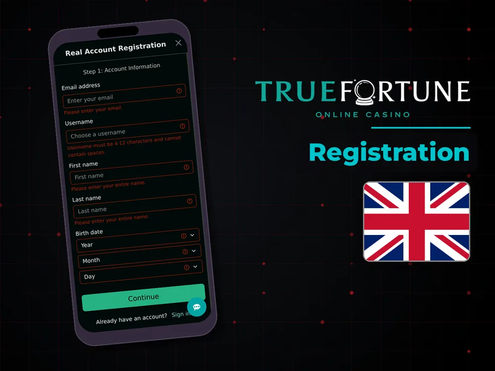 True Fortune casino - Registration